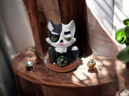 Hand-Painted Cat Dice Guardian - Unique 3D Printed Design