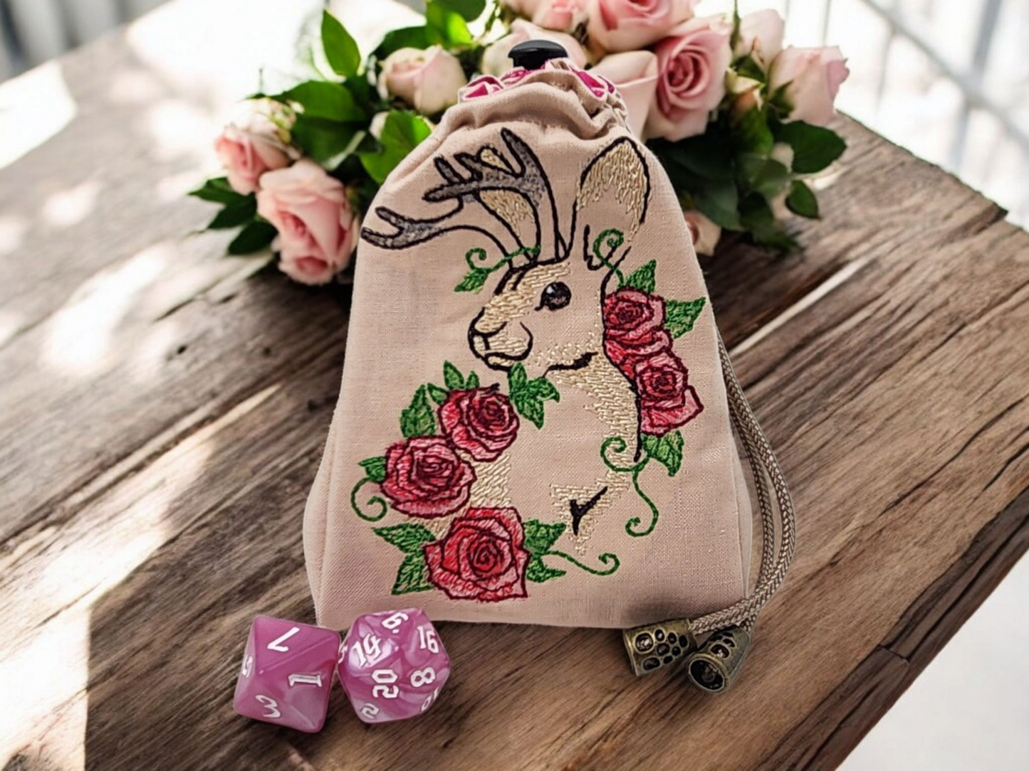 Jackalope and Rose Dice Bag