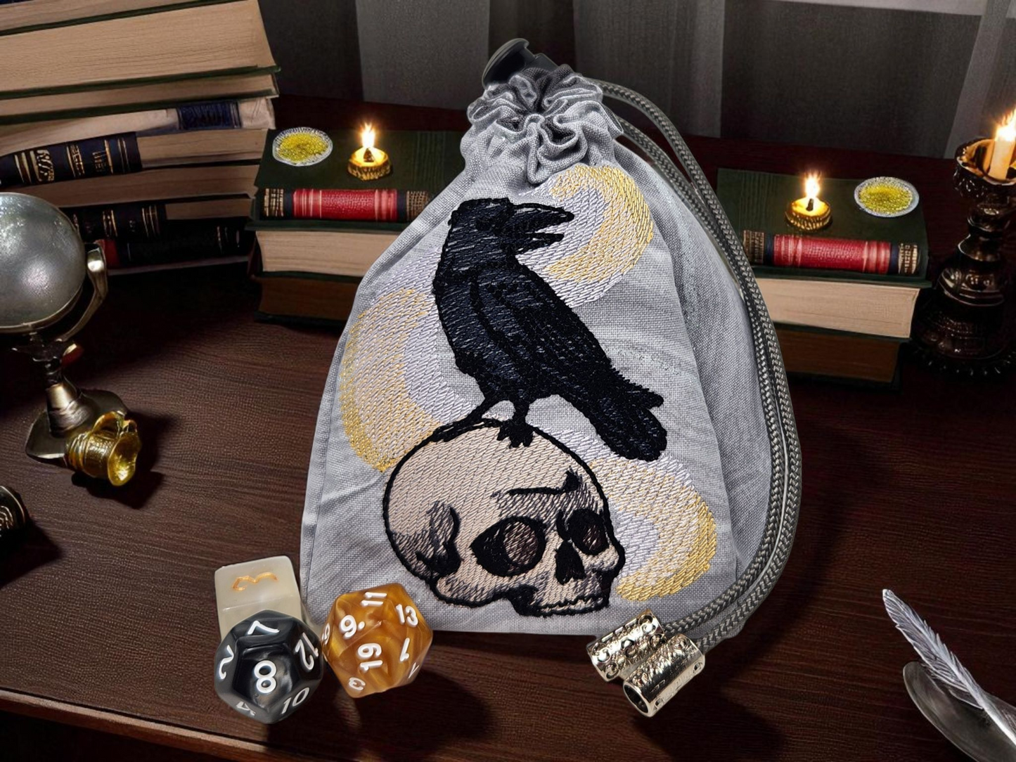 Raven, skull and magic dice bag
