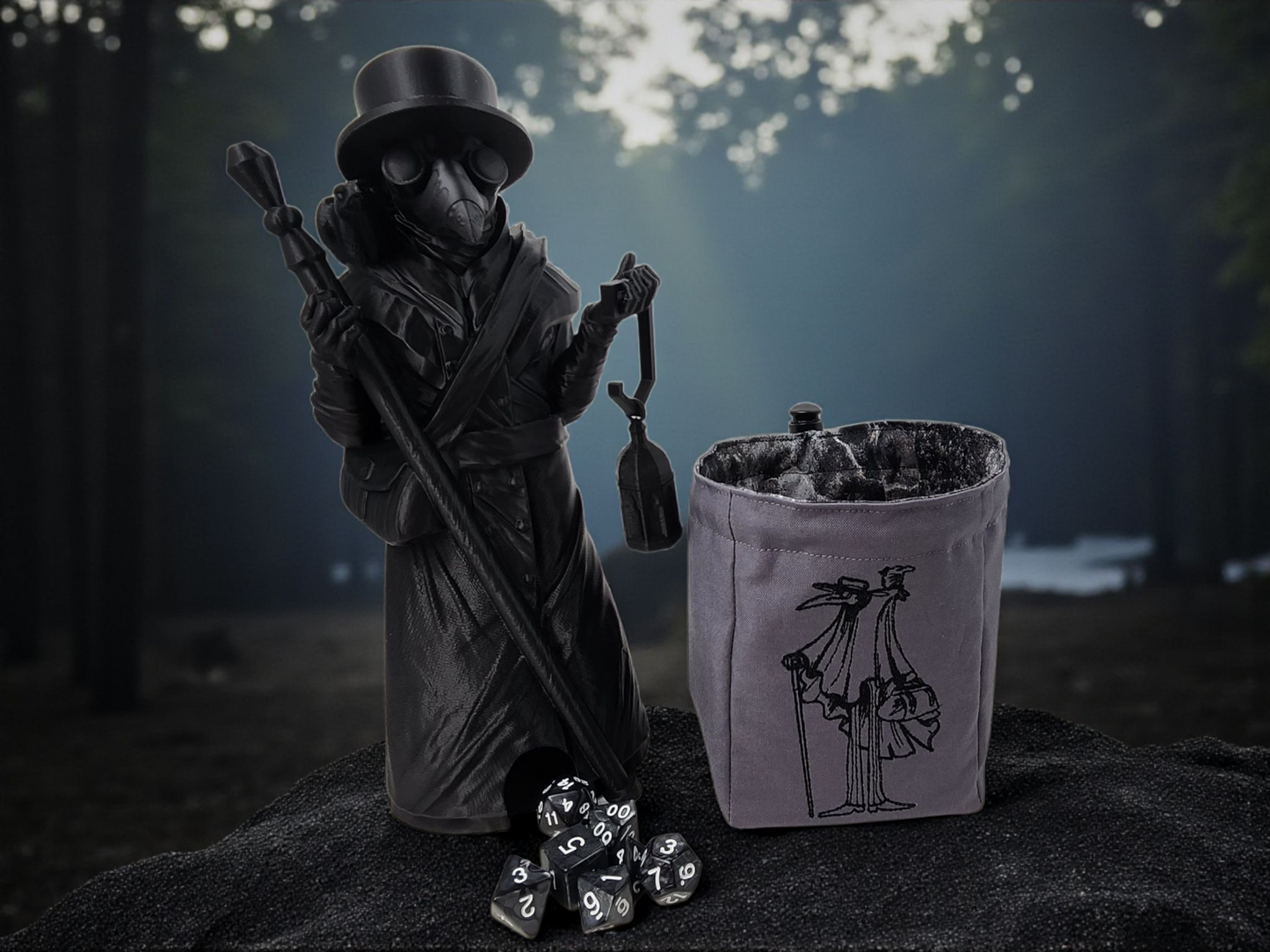 Plague doctor gift set, dice tower, dice bag and set of dice.
