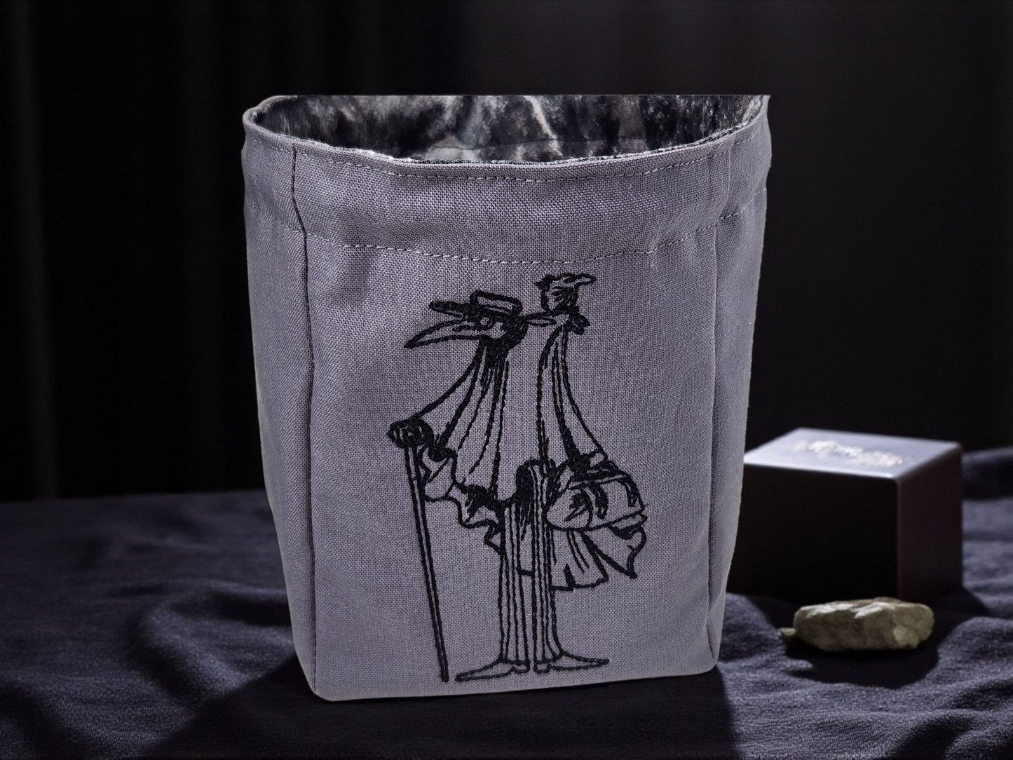 Plague doctor gift set, dice tower, dice bag and set of dice.