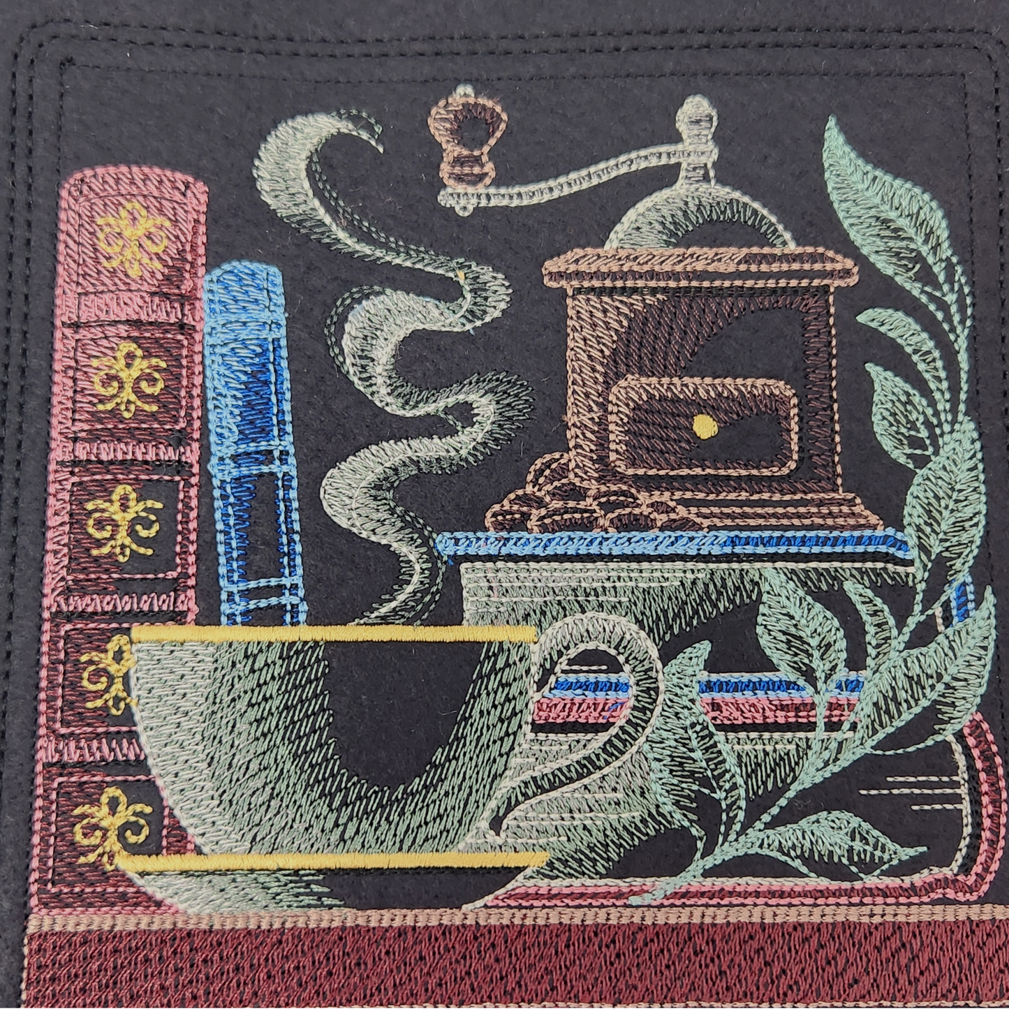 Large Embroidered dice tray with books and coffee design.