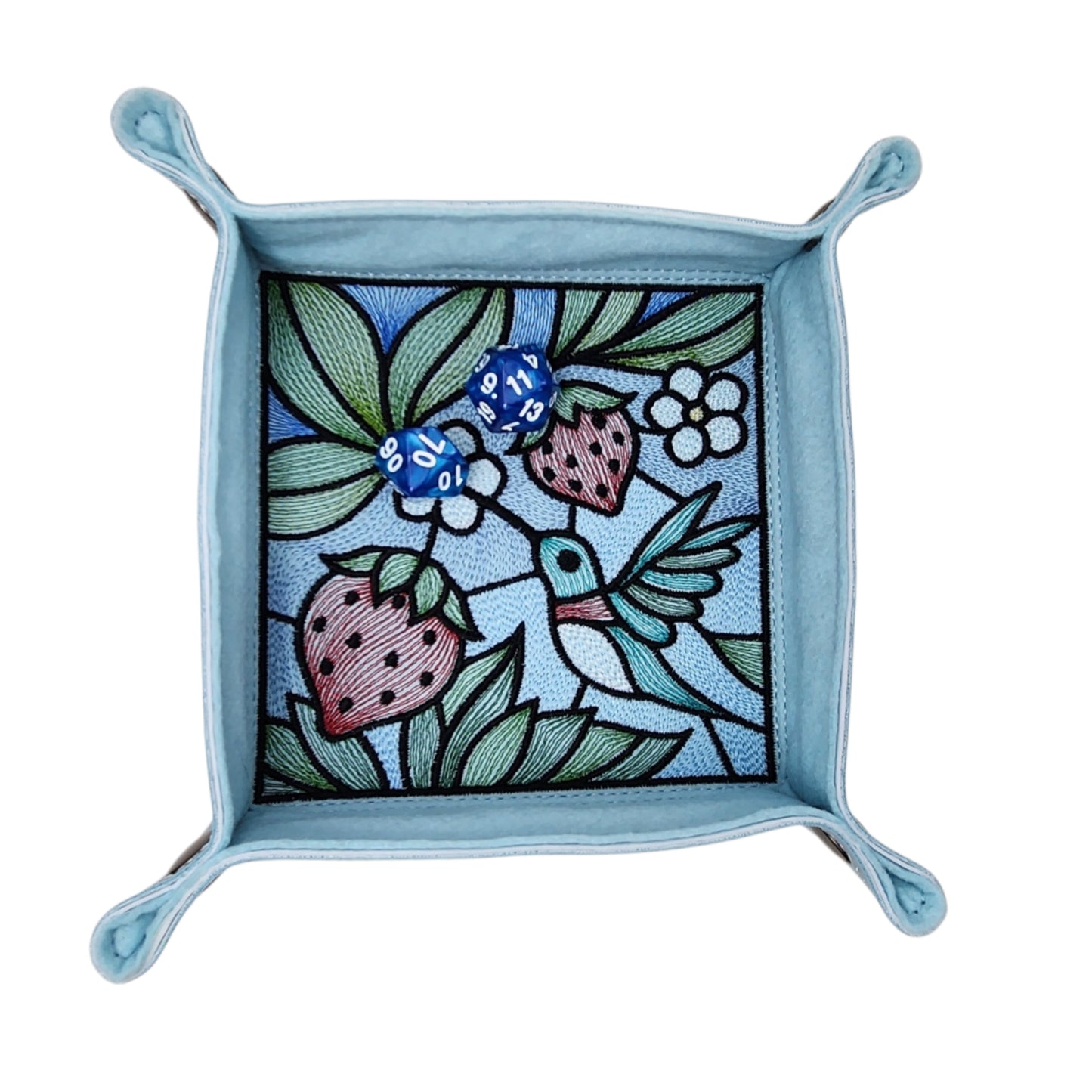 Hummingbird and strawberry dice tray, stained-glass design