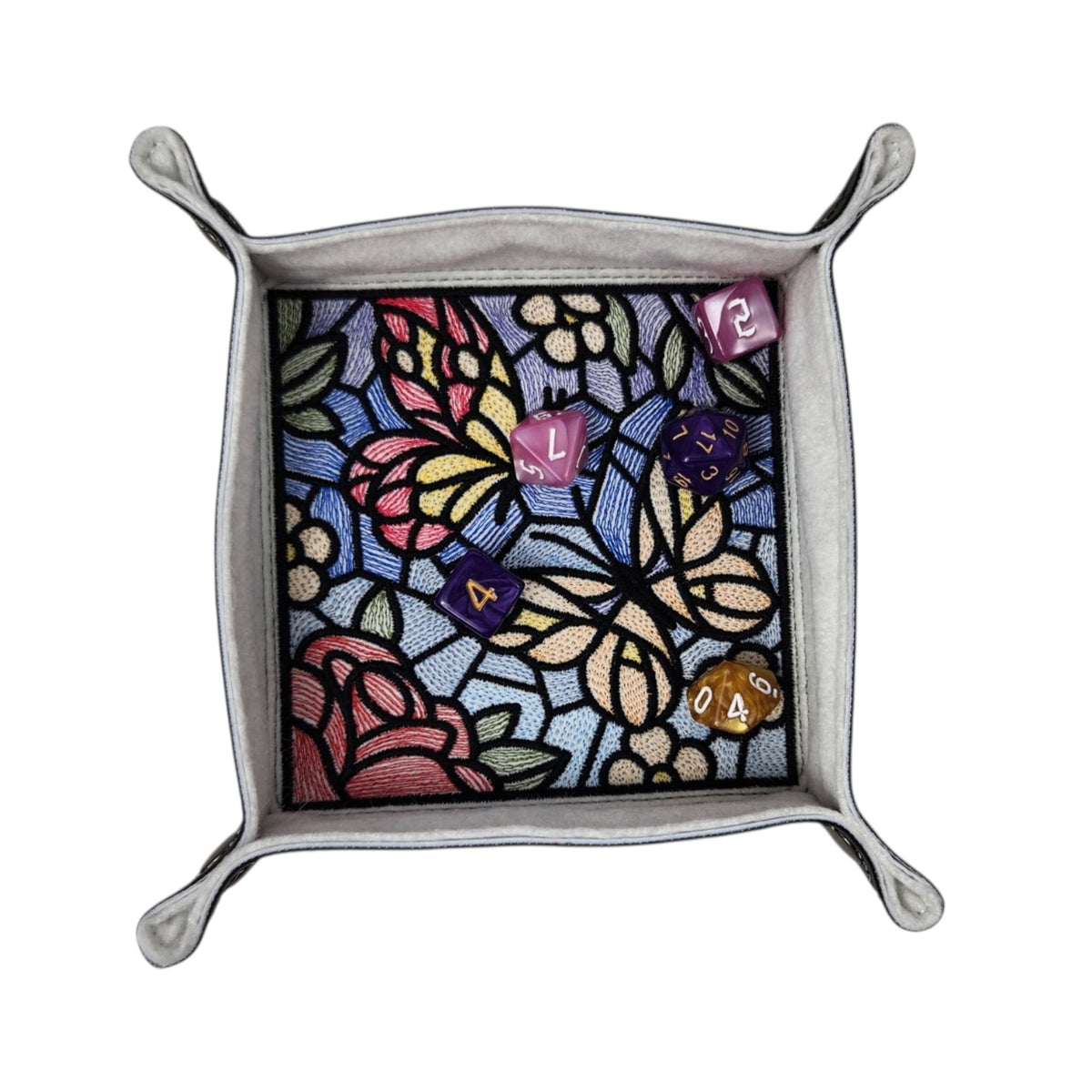 Butterfly and flower dice tray, stained glass design