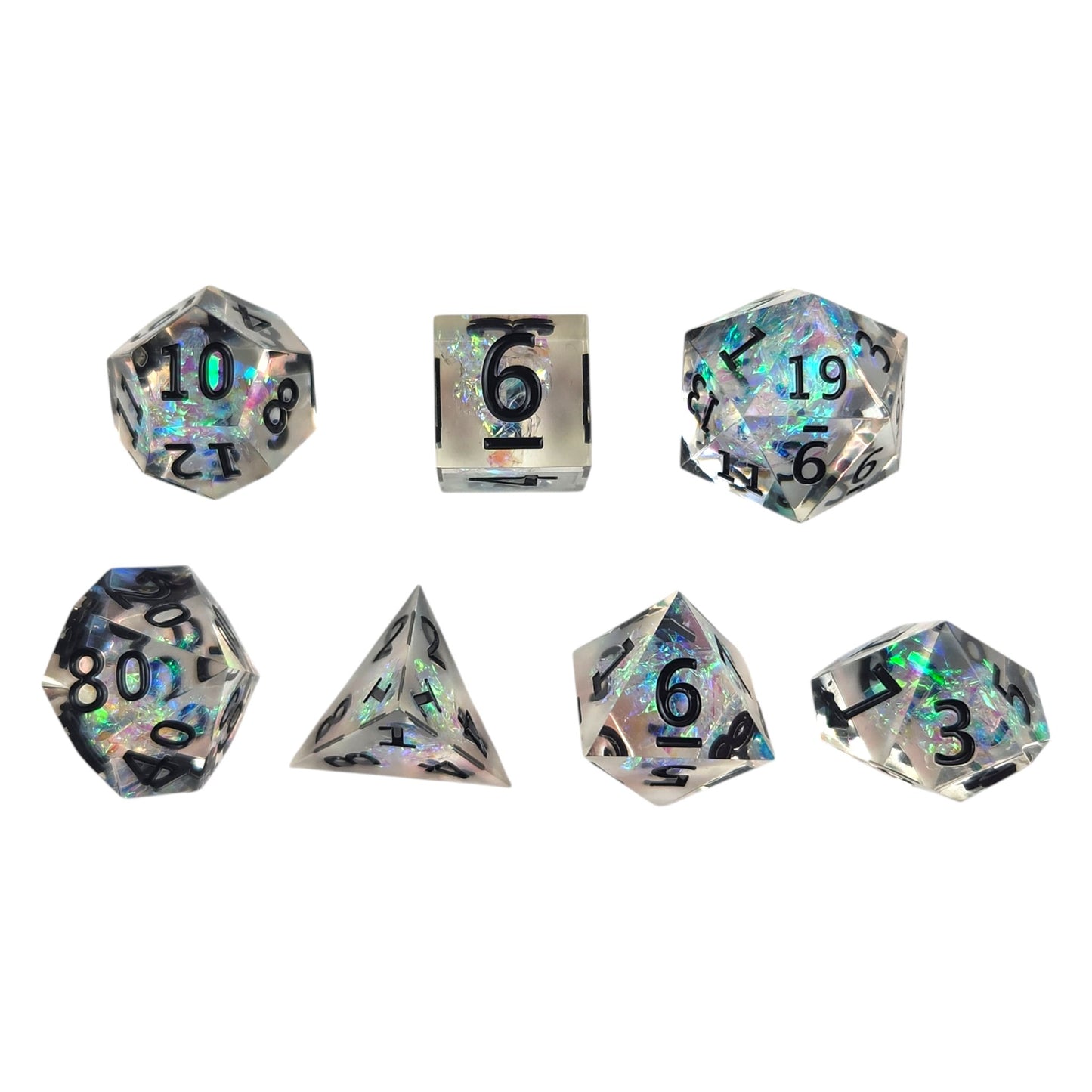Clear dice with iridescent foil - black numbers - Sharp Resin - Rowan Gate
