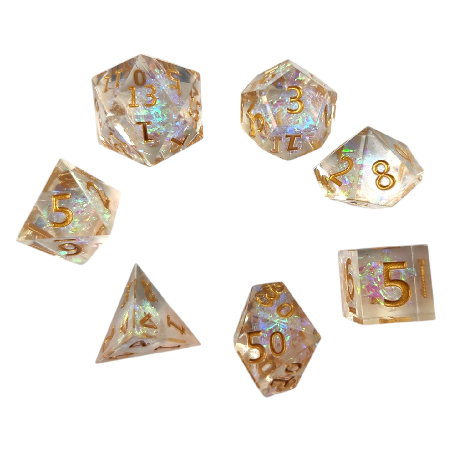 Clear dice with iridescent foil - gold numbers - Sharp Resin - Rowan Gate