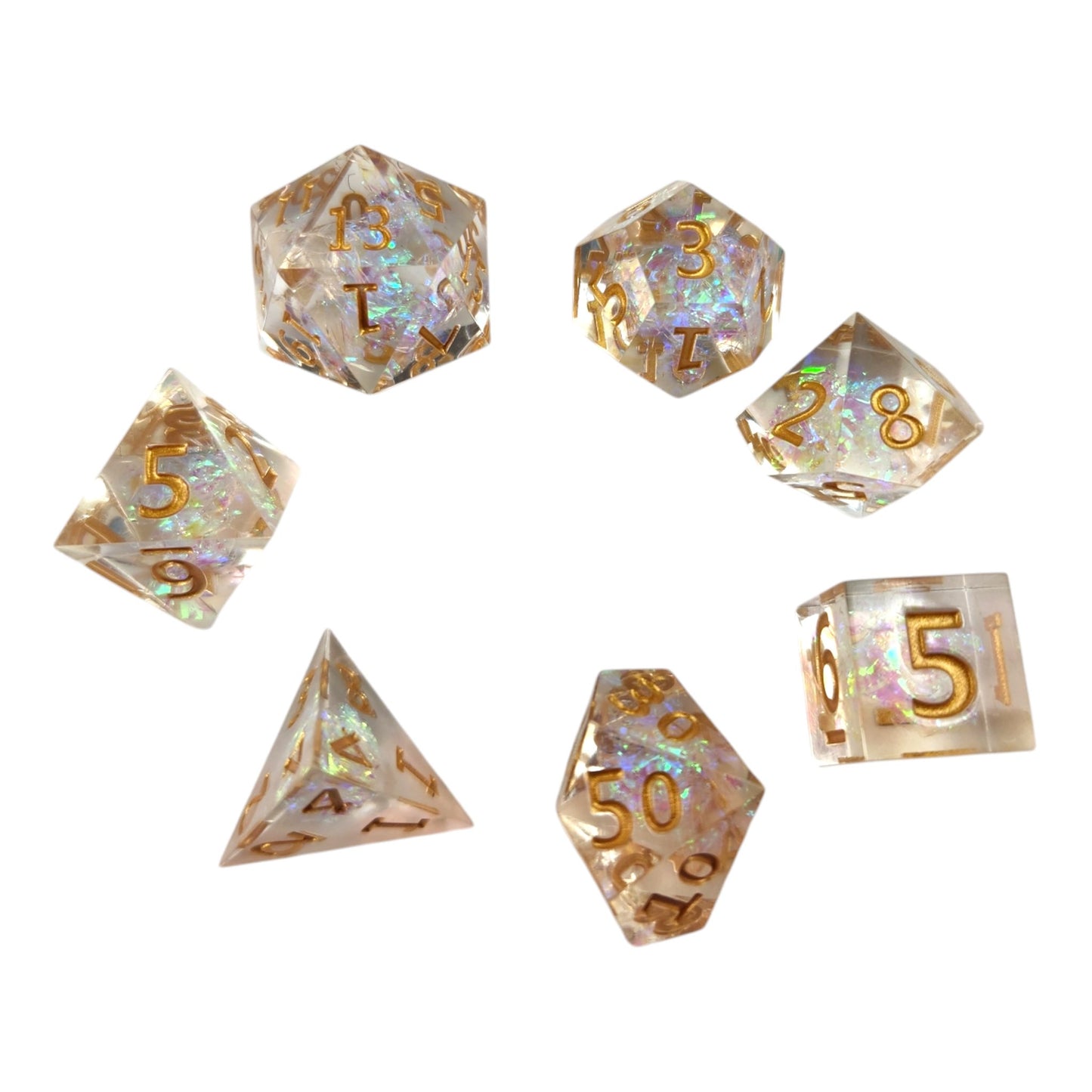 Clear dice with iridescent foil - gold numbers - Sharp Resin - Rowan Gate