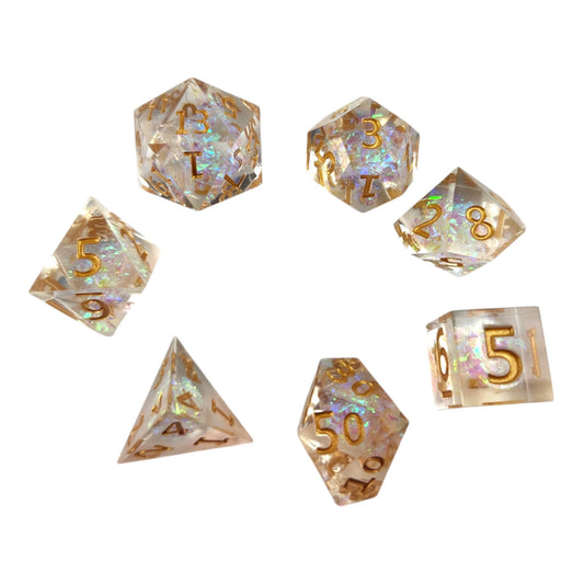 Clear dice with iridescent foil - gold numbers - Sharp Resin - Rowan Gate