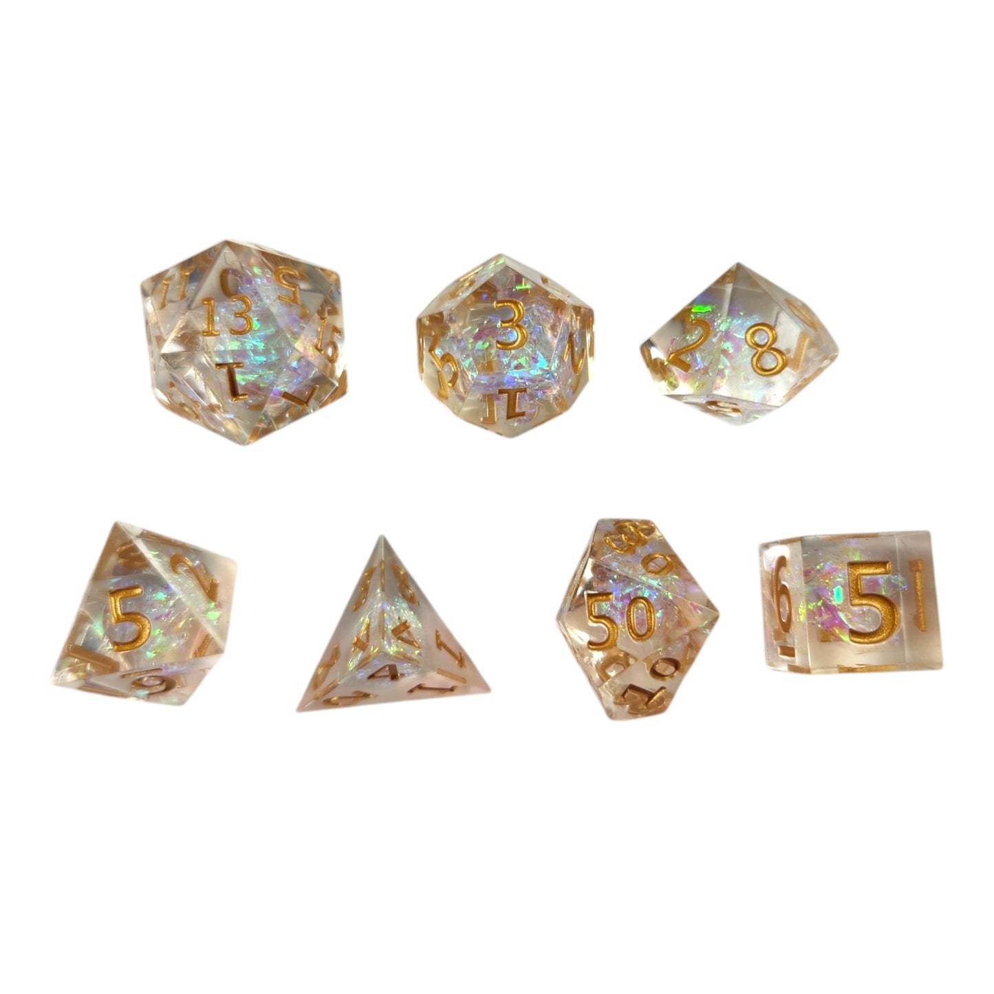 Clear dice with iridescent foil - gold numbers - Sharp Resin - Rowan Gate