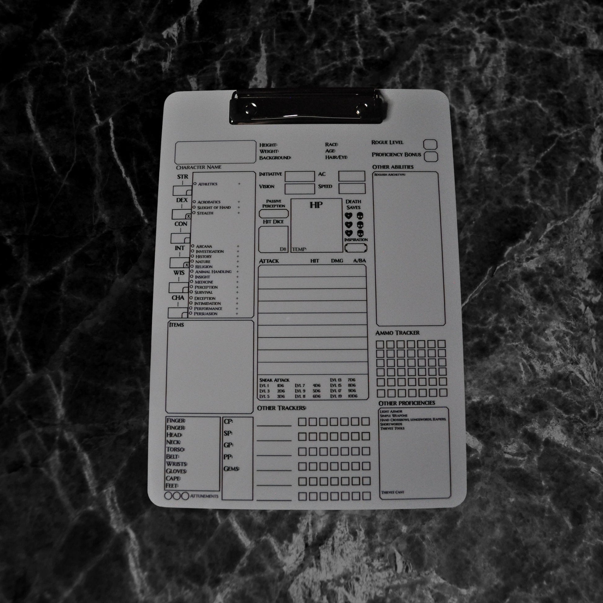 Rogue Character Sheet on a dry erase clipboard - Rowan Gate