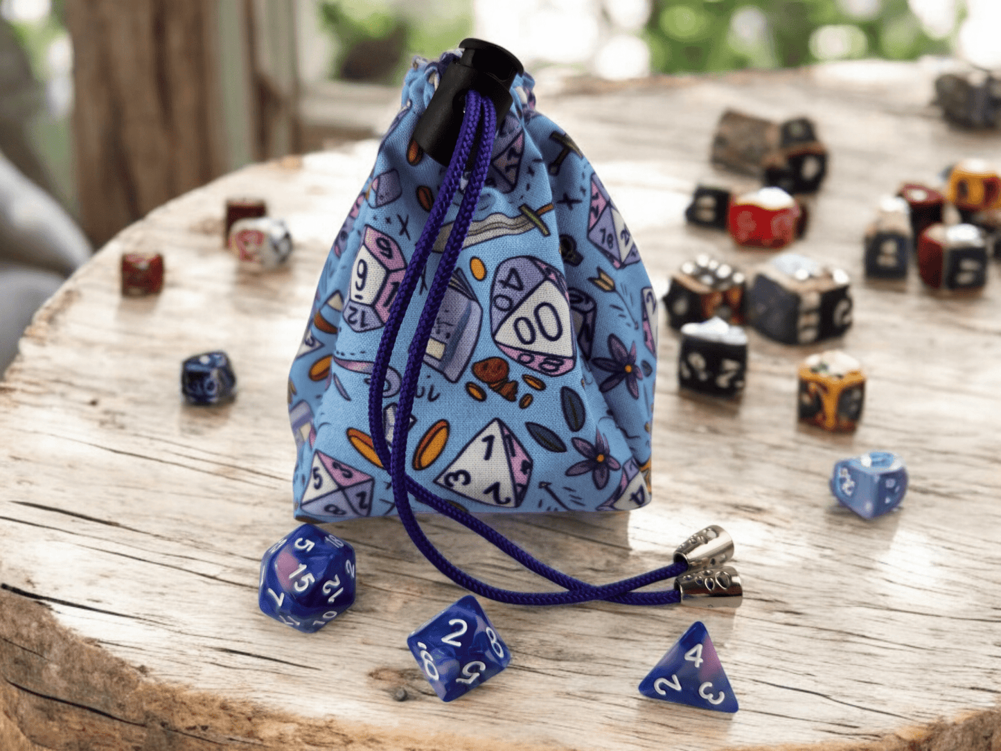 Role playing dice bag in light blue, TTRPG - Rowan Gate
