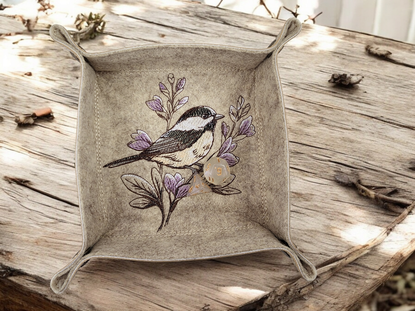 Chickadee and bloom dice tray