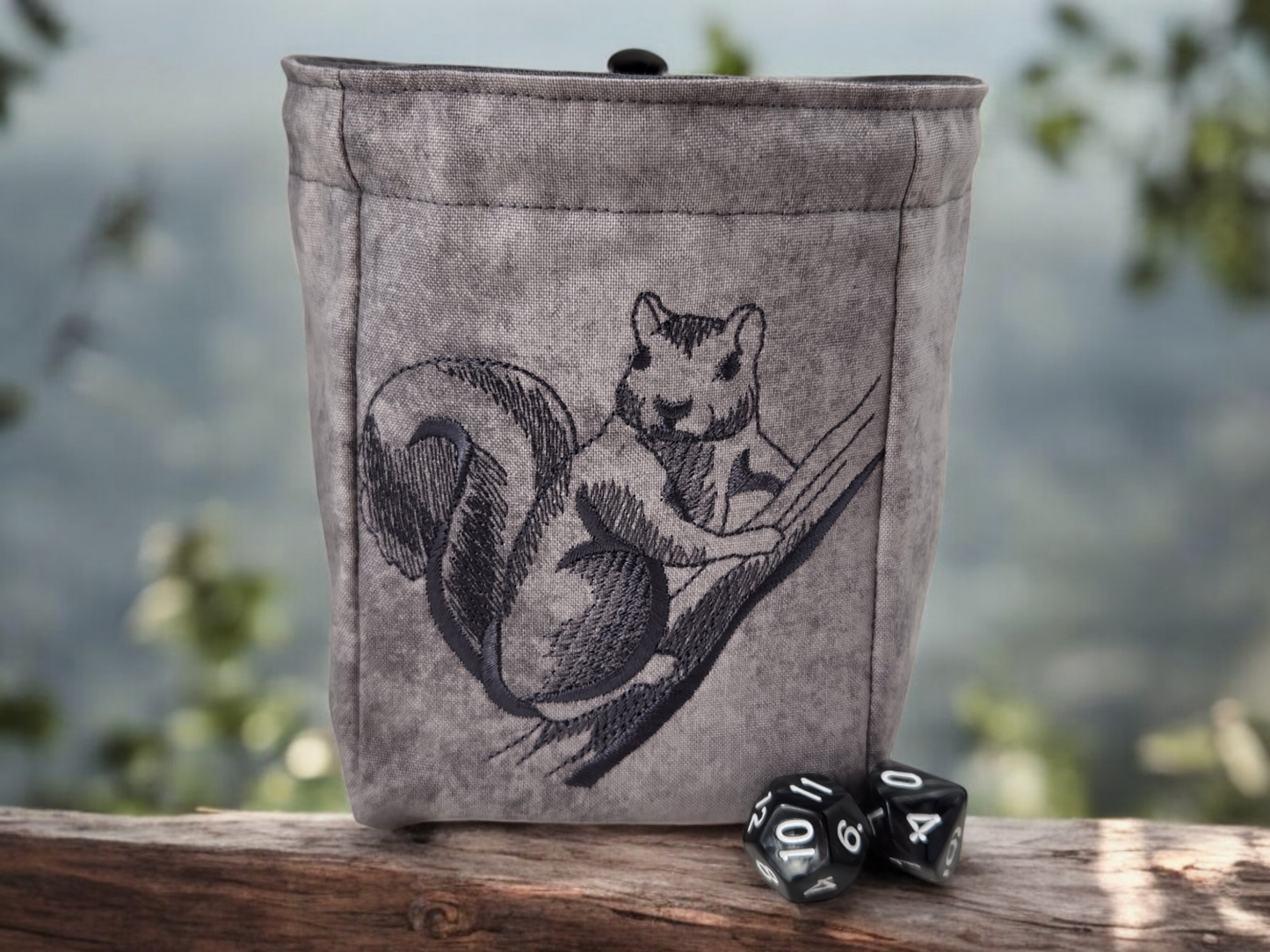 Gray squirrel on branch dice bag