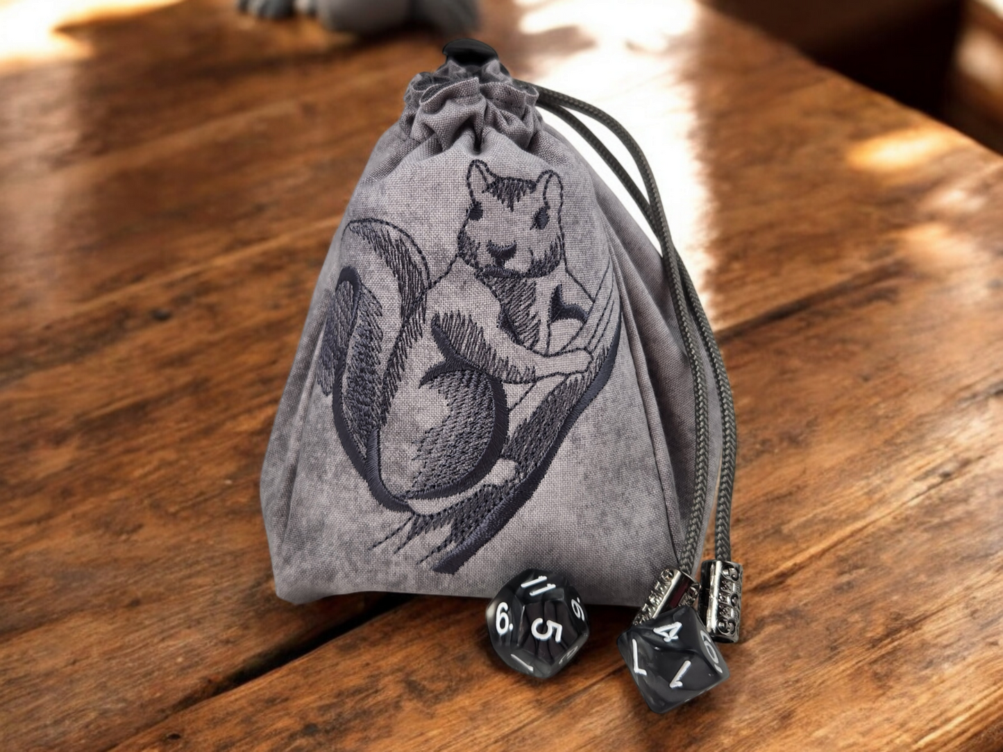 Gray squirrel on branch dice bag