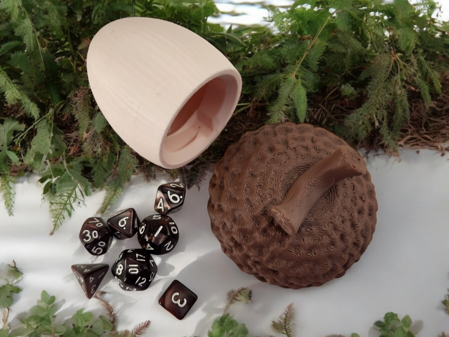 Acorn dice case and set of mini brown dice