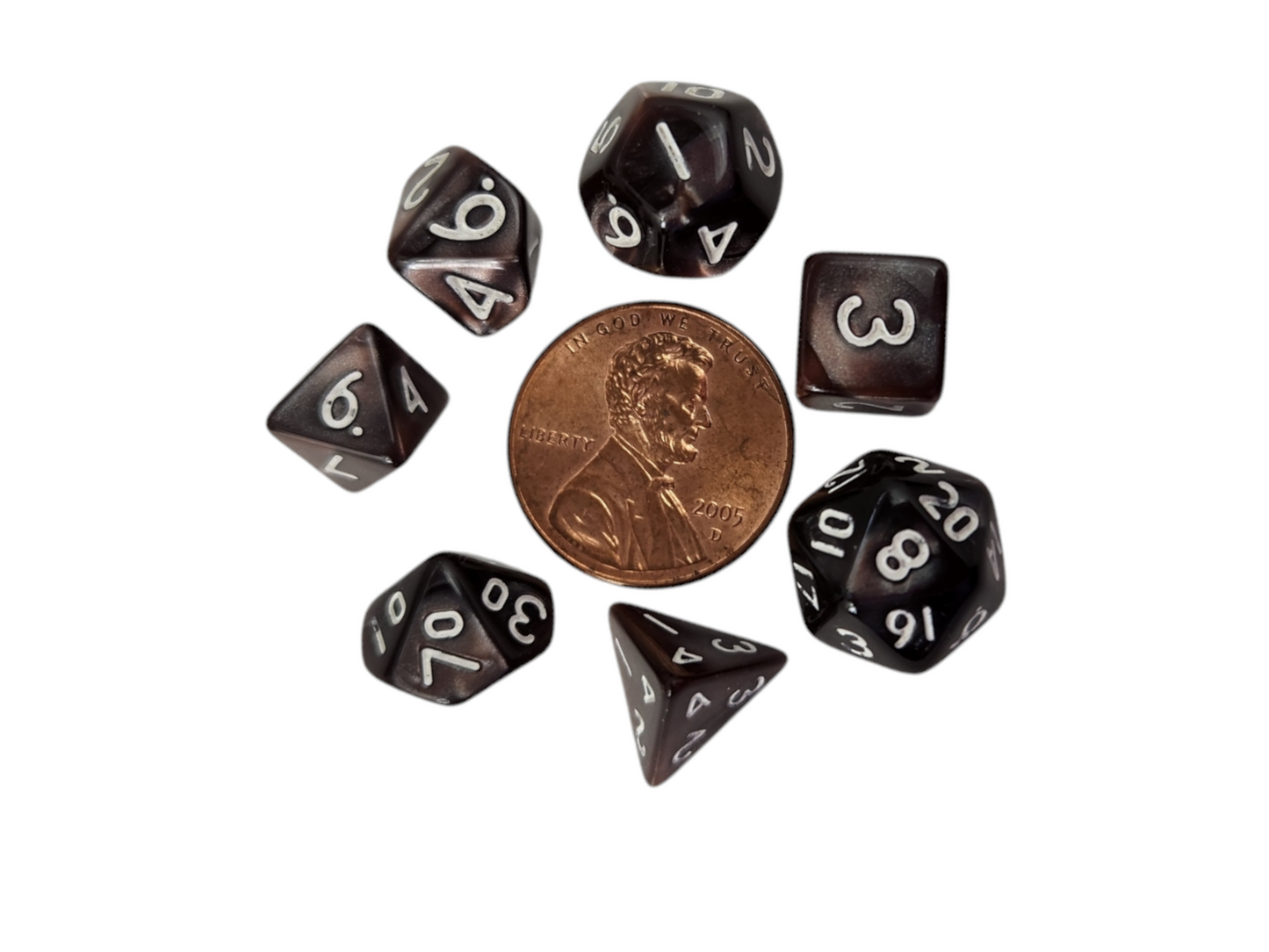 Acorn dice case and set of mini brown dice