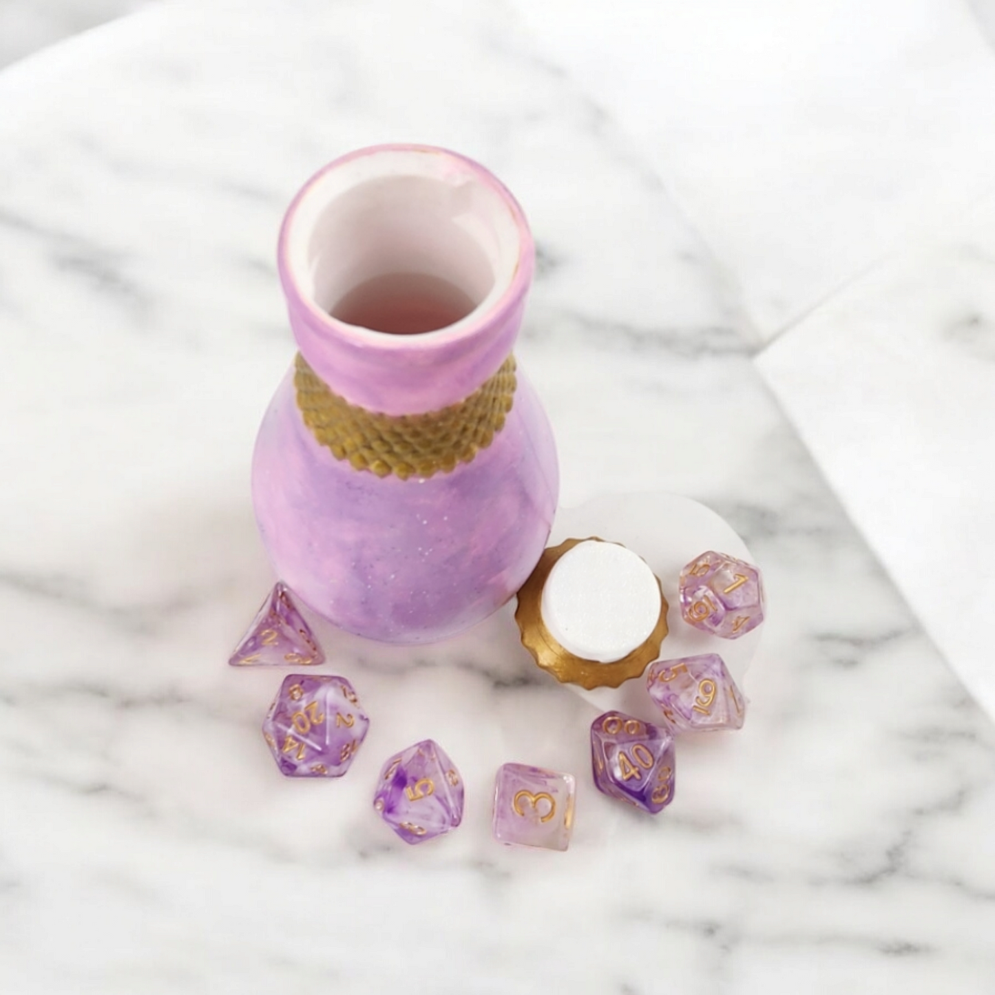 Purple and Pink potion bottle with matching dice set