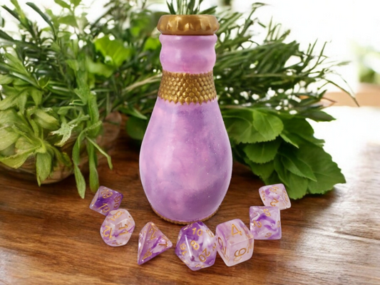 Purple and Pink potion bottle with matching dice set