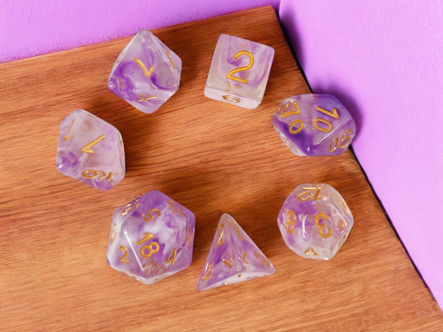 Purple and Pink potion bottle with matching dice set