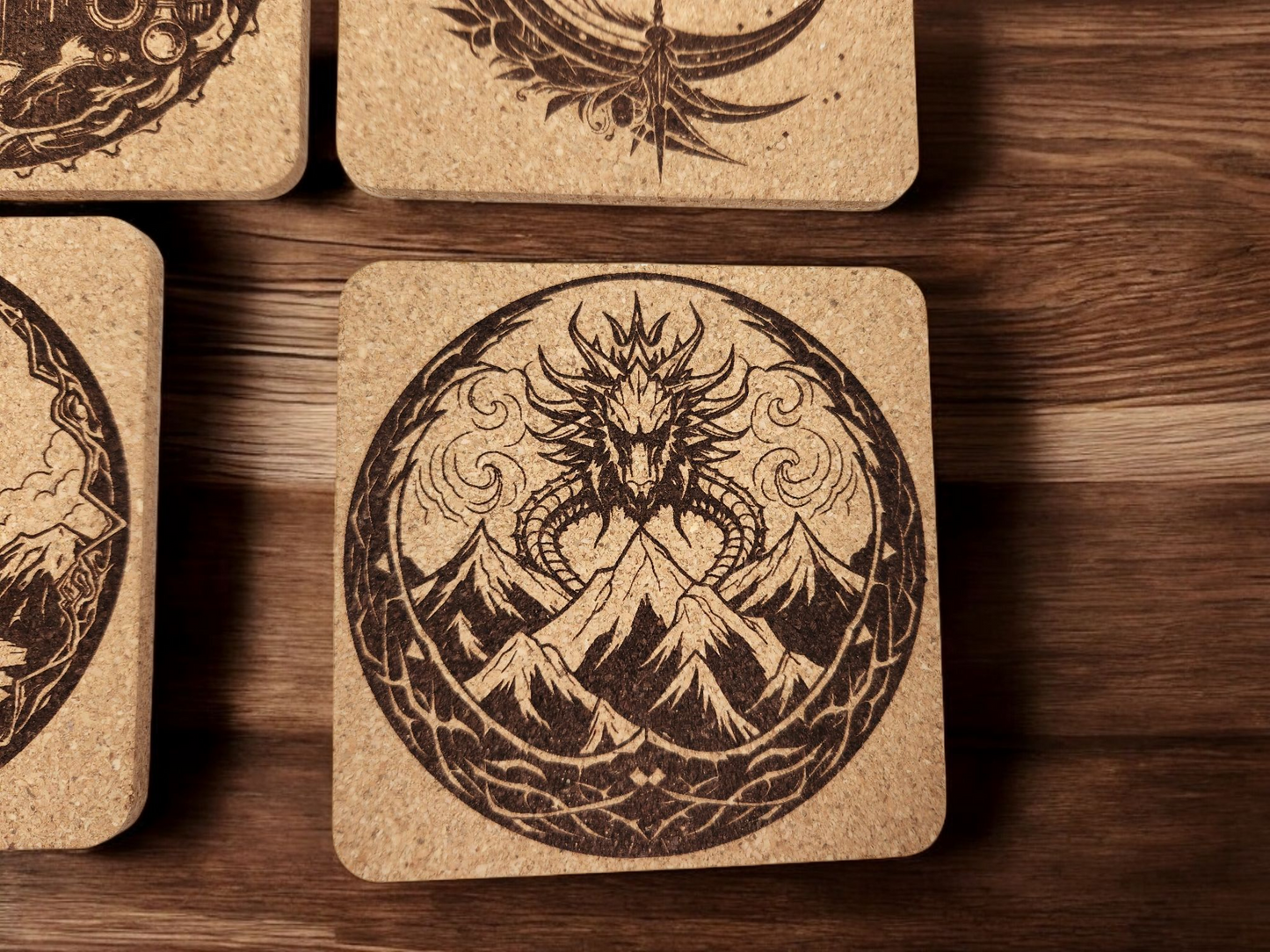 Set of 4 fantasy themed cork coasters