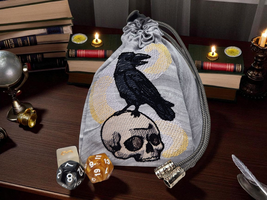 Raven, skull and magic dice bag