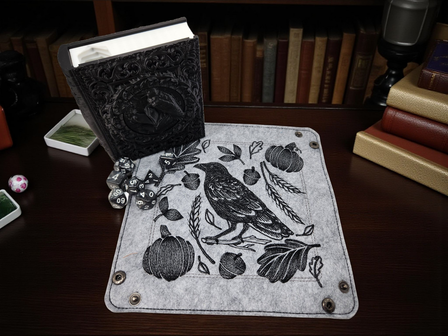Raven TTRPG gift set, dice tray, tome/dice tower and set of dice