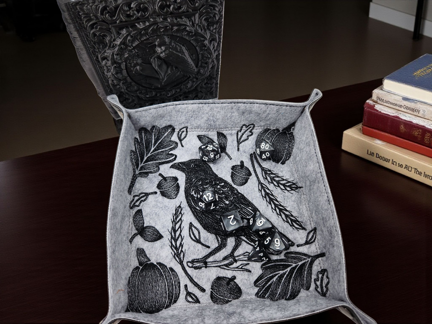 Raven TTRPG gift set, dice tray, tome/dice tower and set of dice