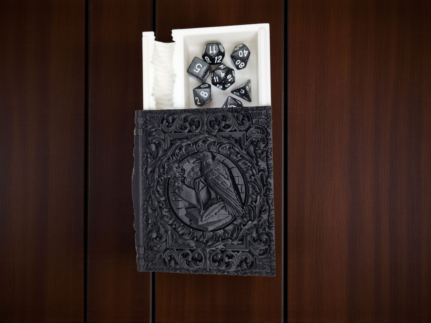 Raven TTRPG gift set, dice tray, tome/dice tower and set of dice