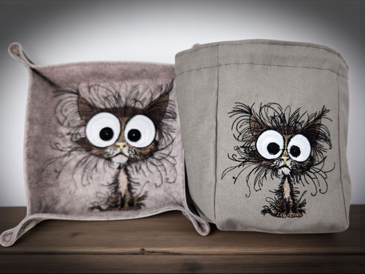 Frazzle cat gift set, dice bag and dice tray.