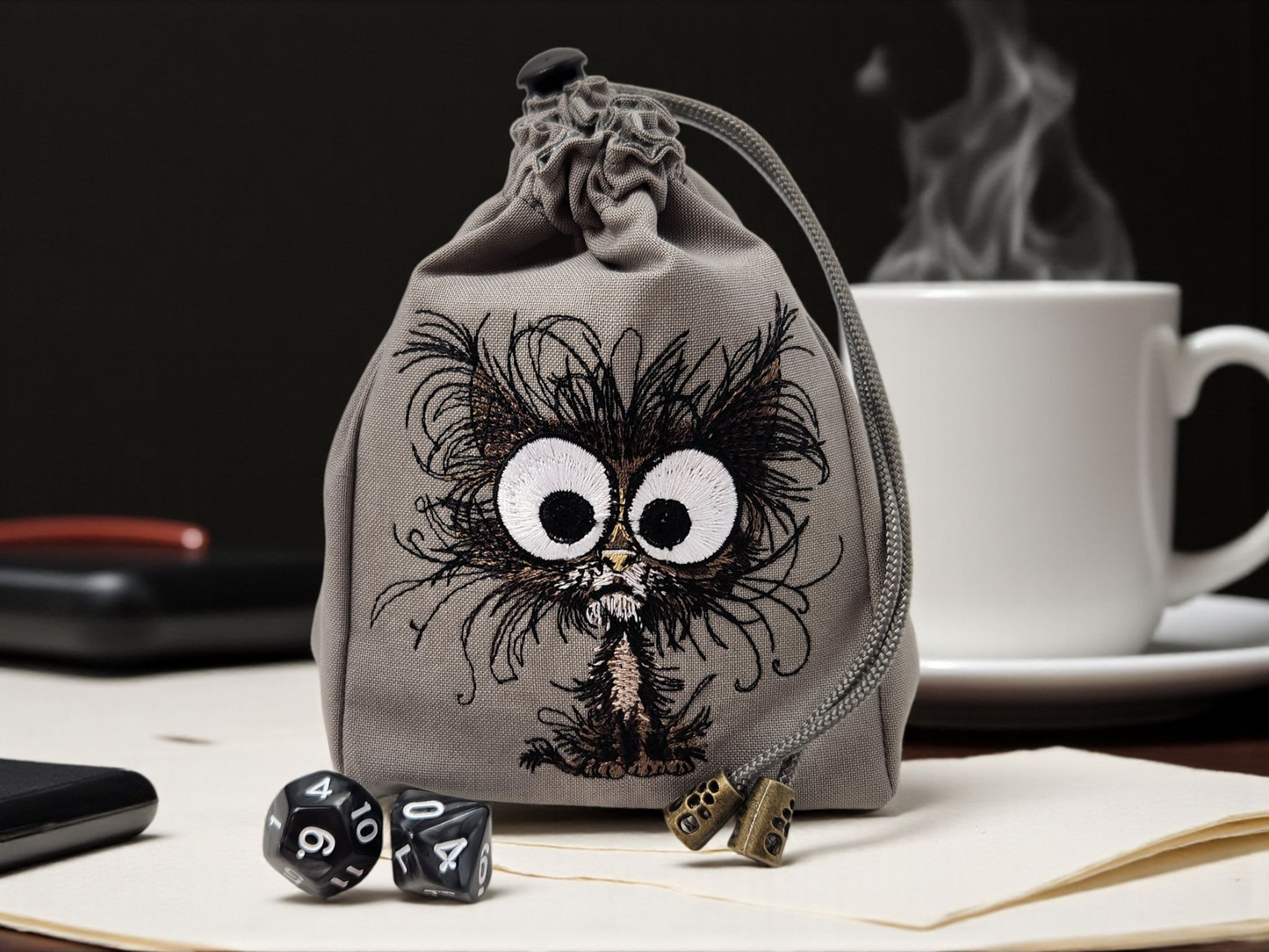 Frazzle cat gift set, dice bag and dice tray.