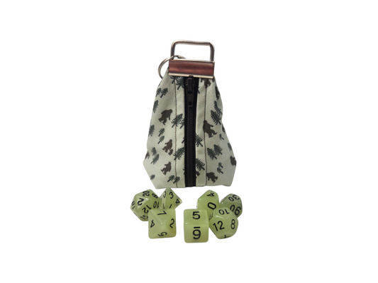 Grab and go small dice pouch with  glow in the dark dice set, bigfoot