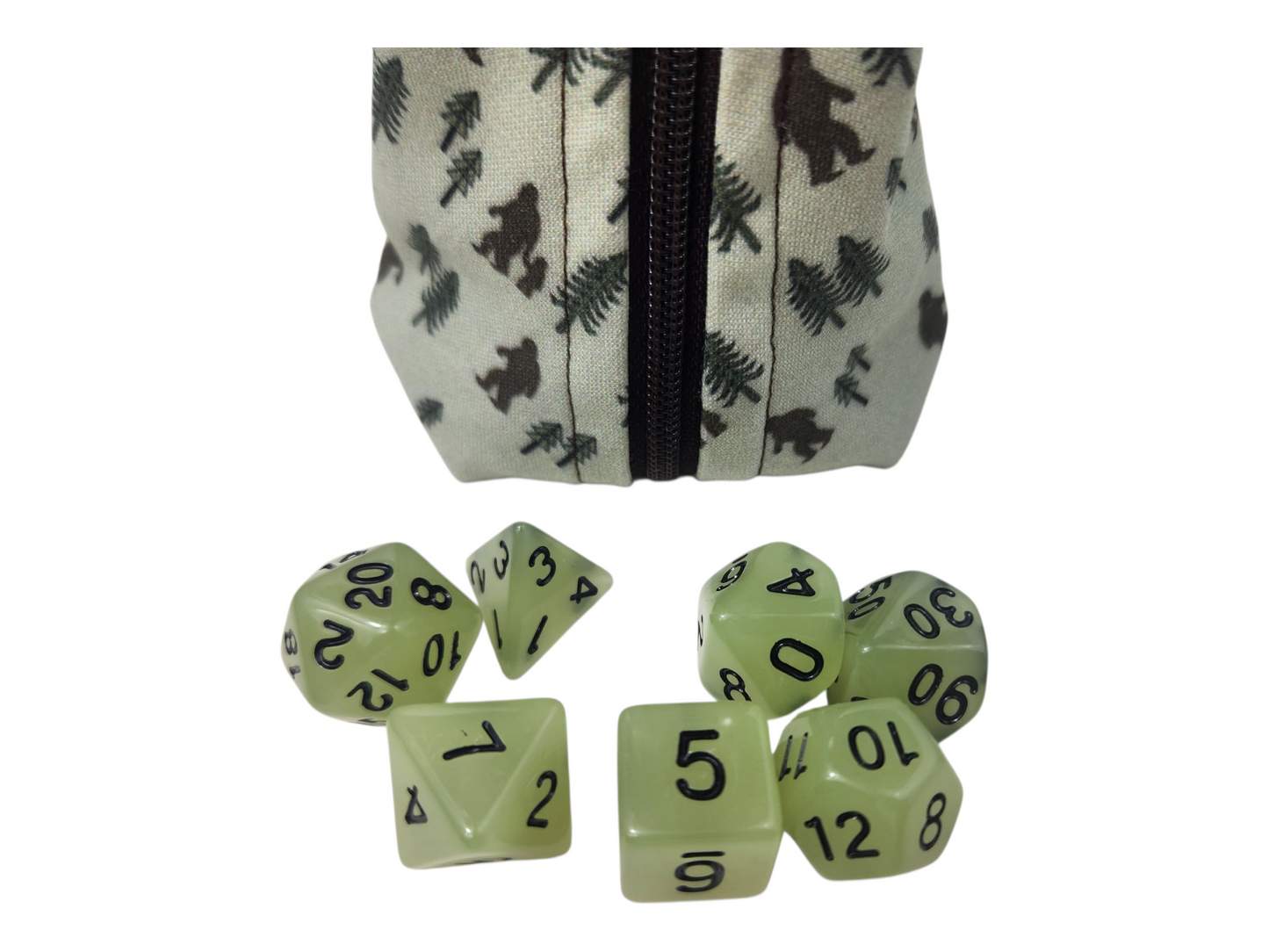 Grab and go small dice pouch with  glow in the dark dice set, bigfoot
