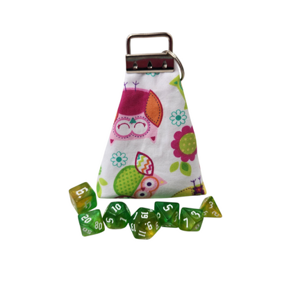 Grab and go small dice pouch with matching dice, flower and owl