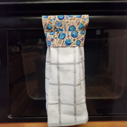 Hanging dish towel, dice and sword themed, TTRPG