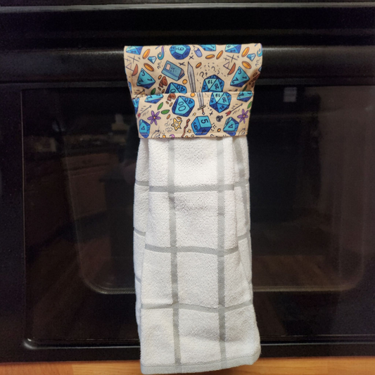Hanging dish towel, dice and sword themed, TTRPG