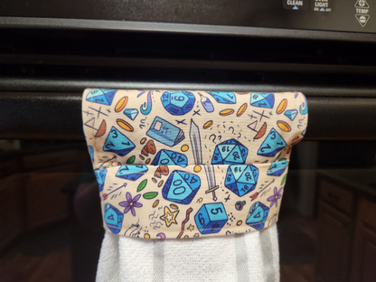 Hanging dish towel, dice and sword themed, TTRPG