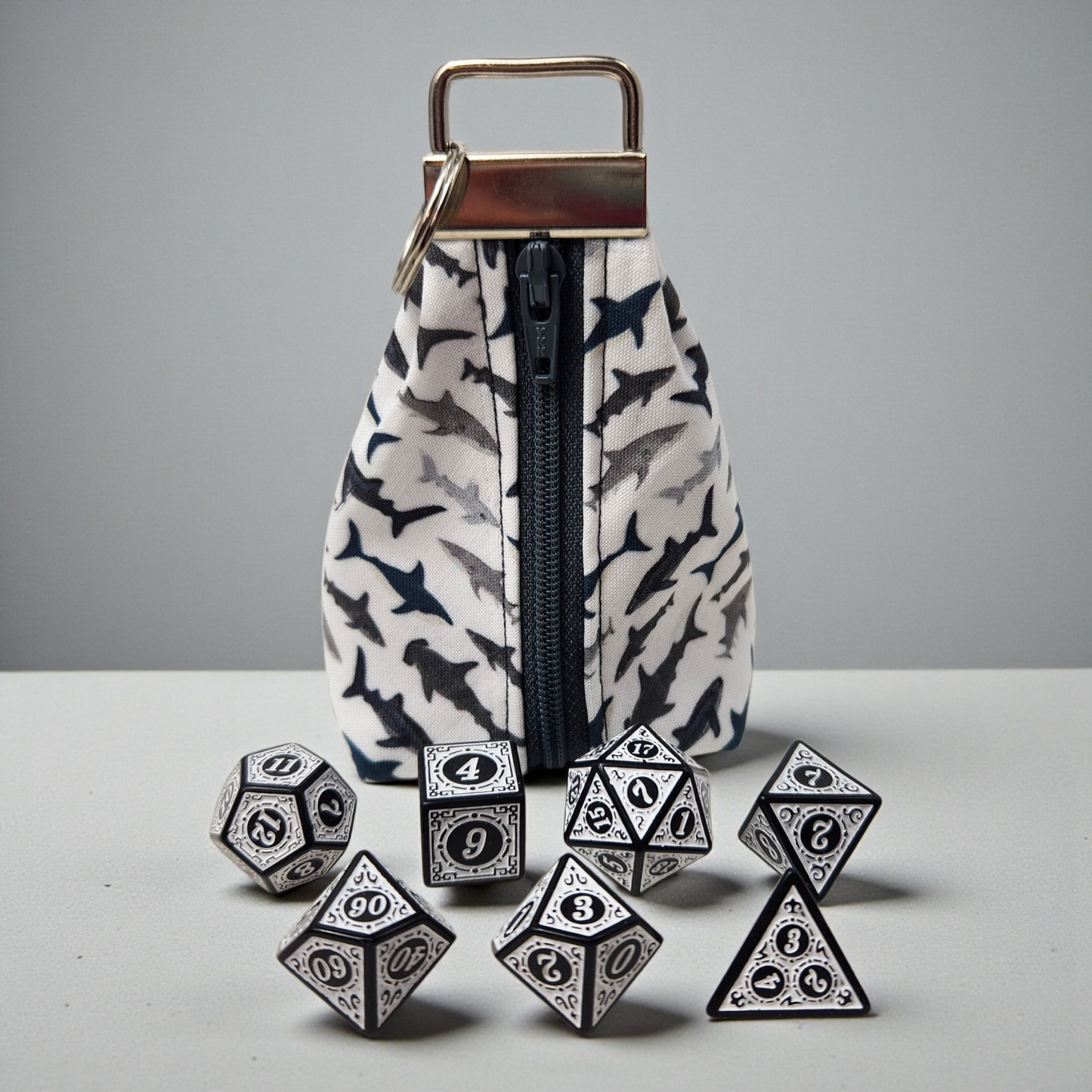 Grab and go small dice pouch with matching dice, shark themed
