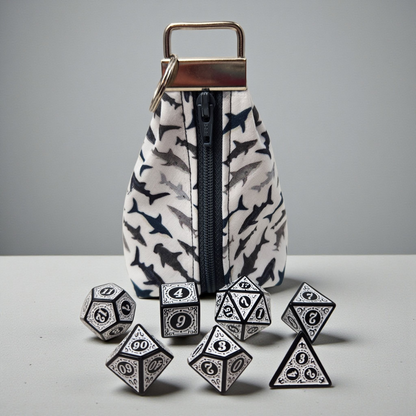 Grab and go small dice pouch with matching dice, shark themed