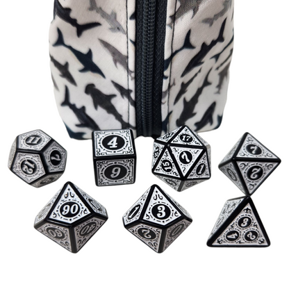 Grab and go small dice pouch with matching dice, shark themed