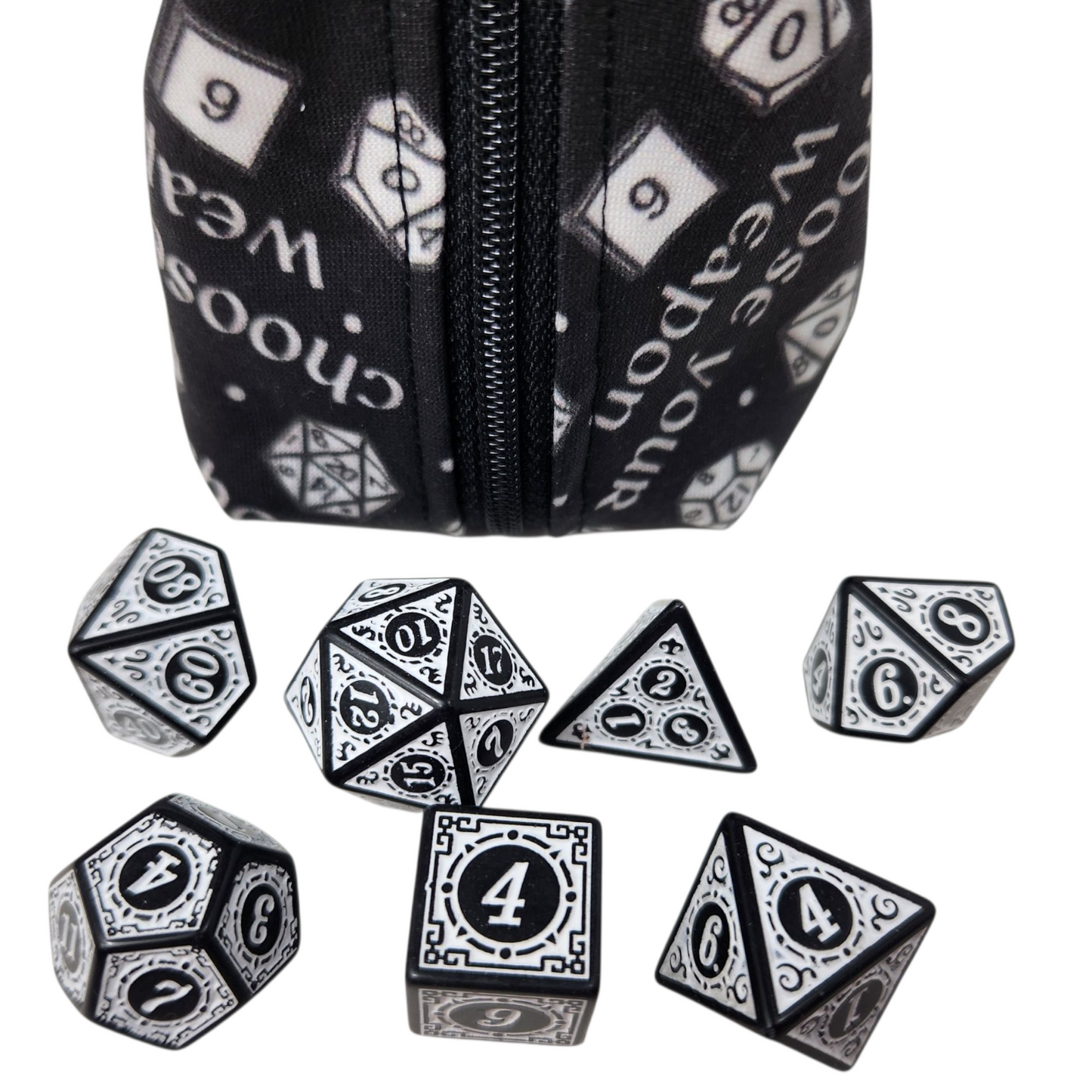 Grab and go small dice pouch with matching dice, Choose your weapon
