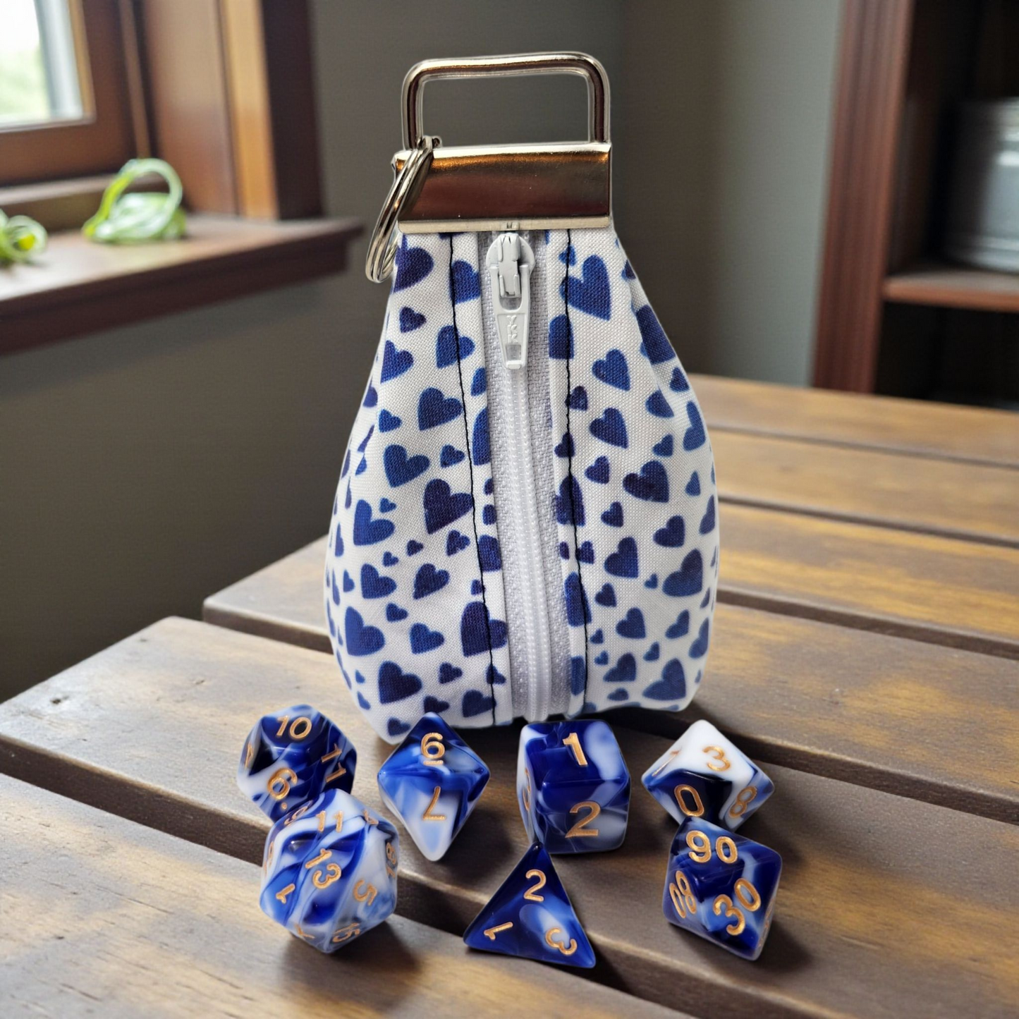 Grab and go small dice pouch with matching dice, Heart themed