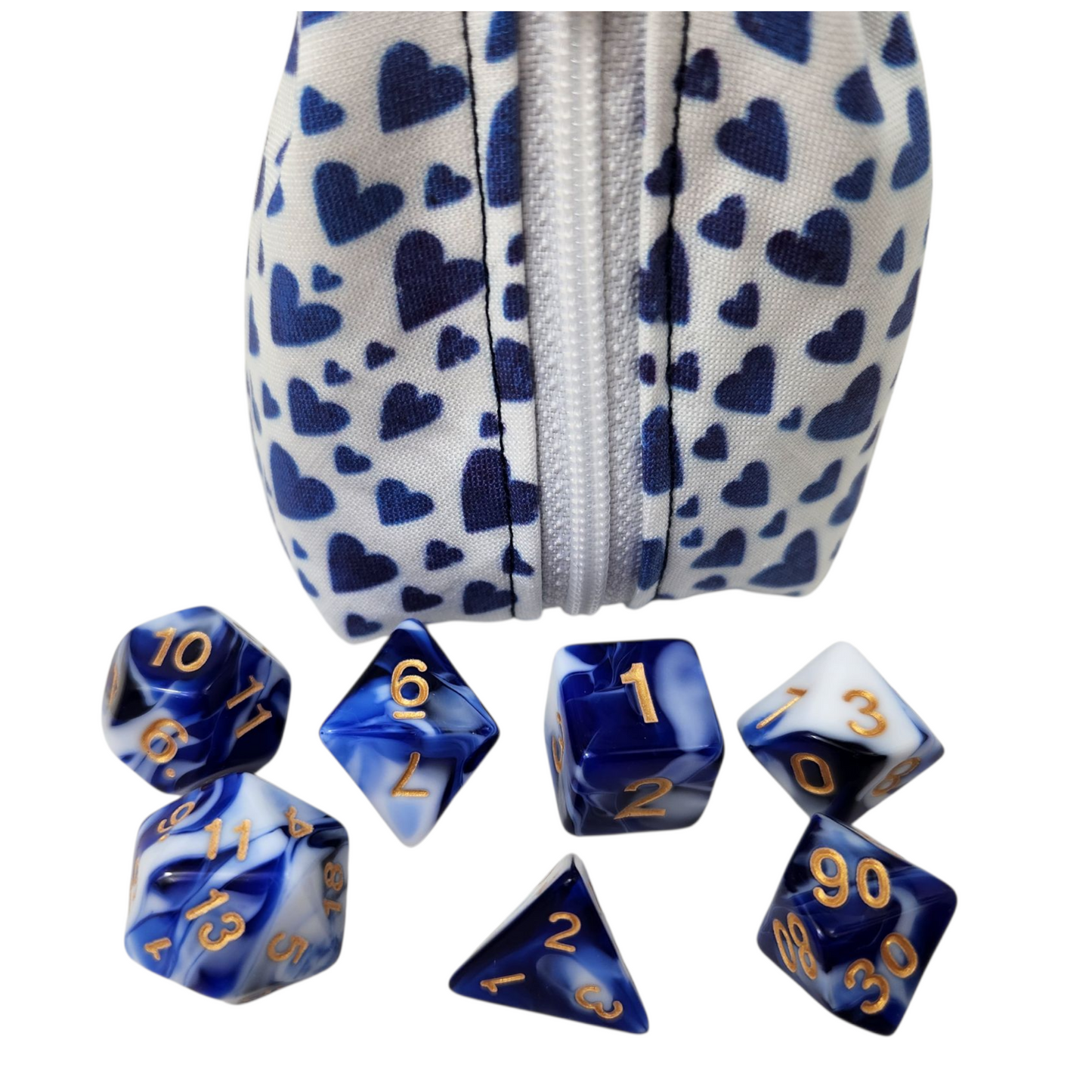 Grab and go small dice pouch with matching dice, Heart themed