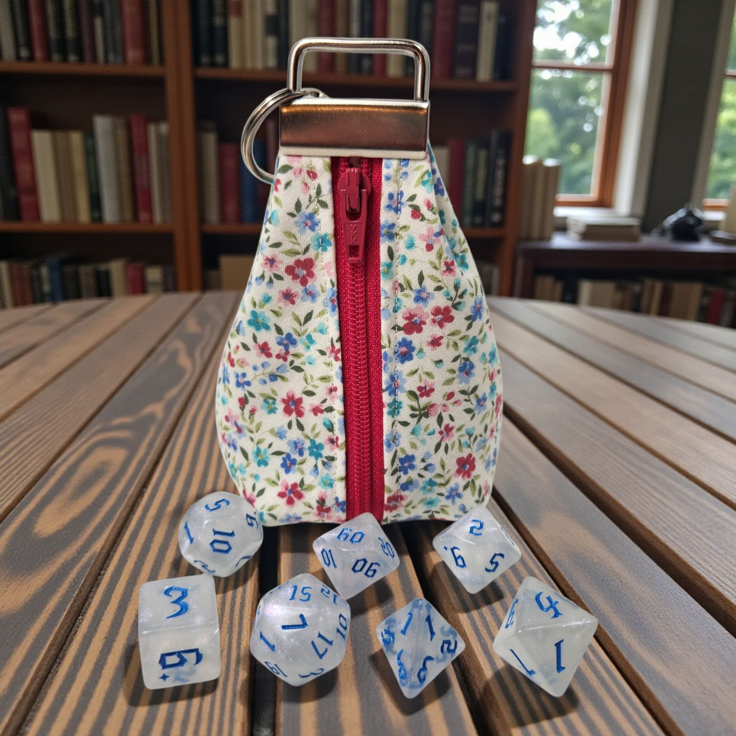 Grab and go small dice pouch with matching dice, floral design