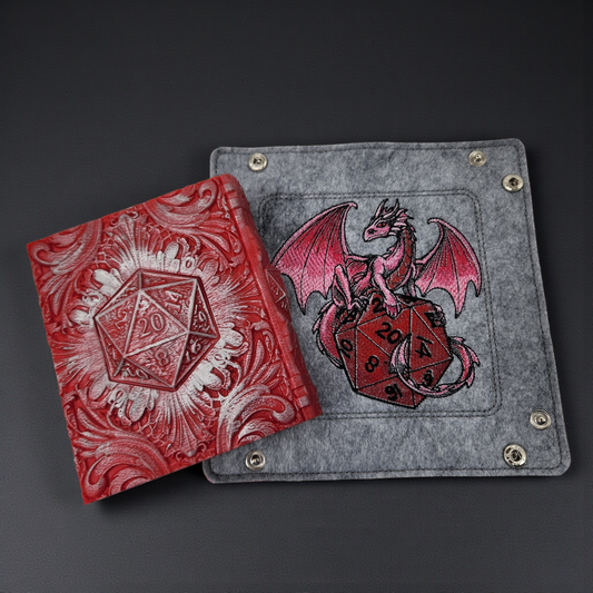 dragon and die dice tray and die 20 tome dice storage, TTRPG