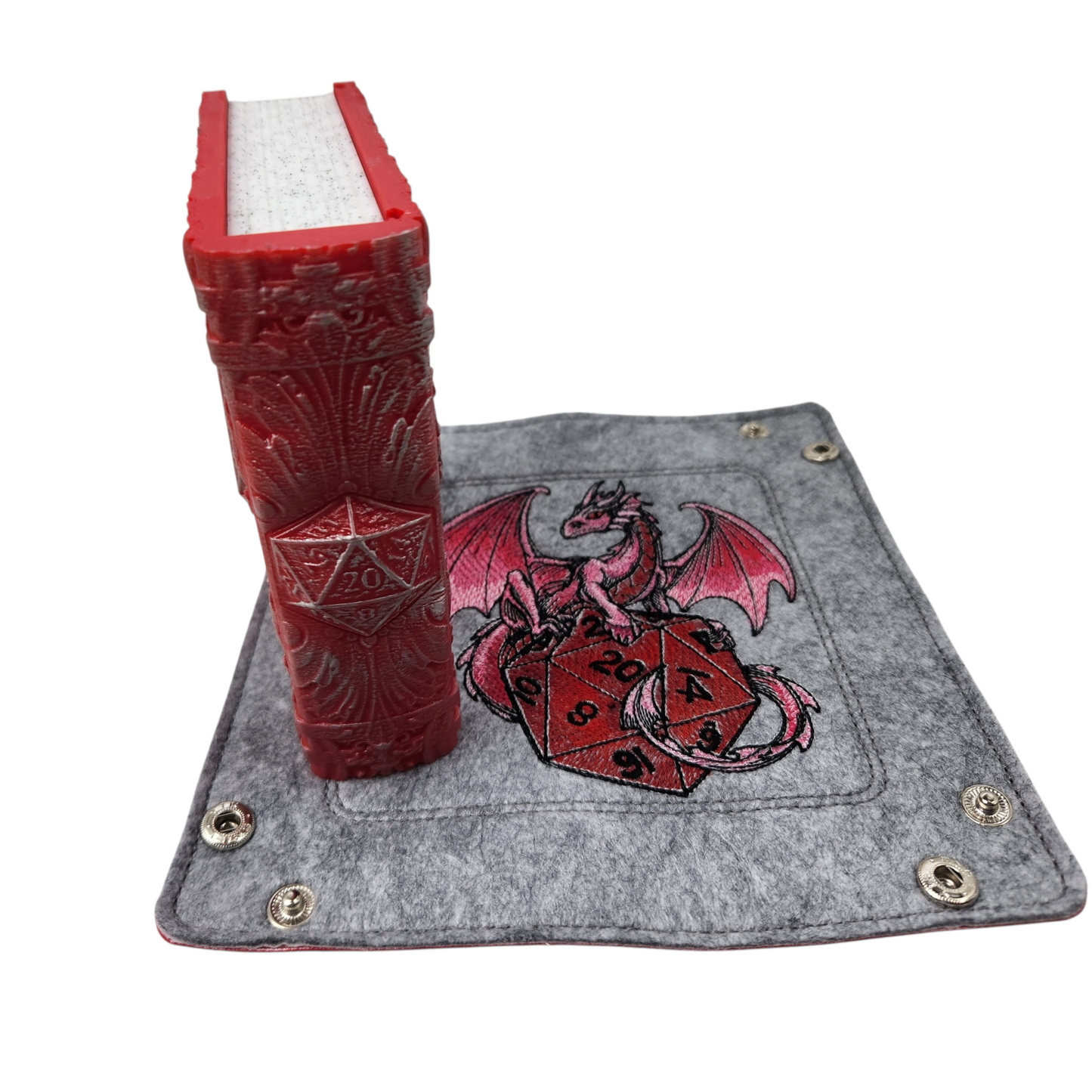 dragon and die dice tray and die 20 tome dice storage, TTRPG