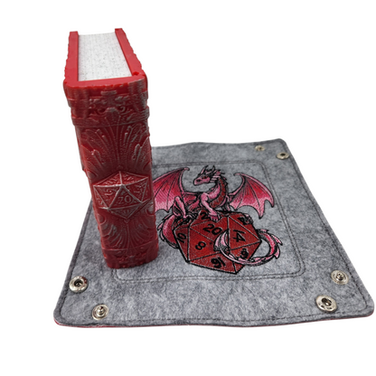dragon and die dice tray and die 20 tome dice storage, TTRPG