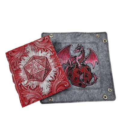 dragon and die dice tray and die 20 tome dice storage, TTRPG