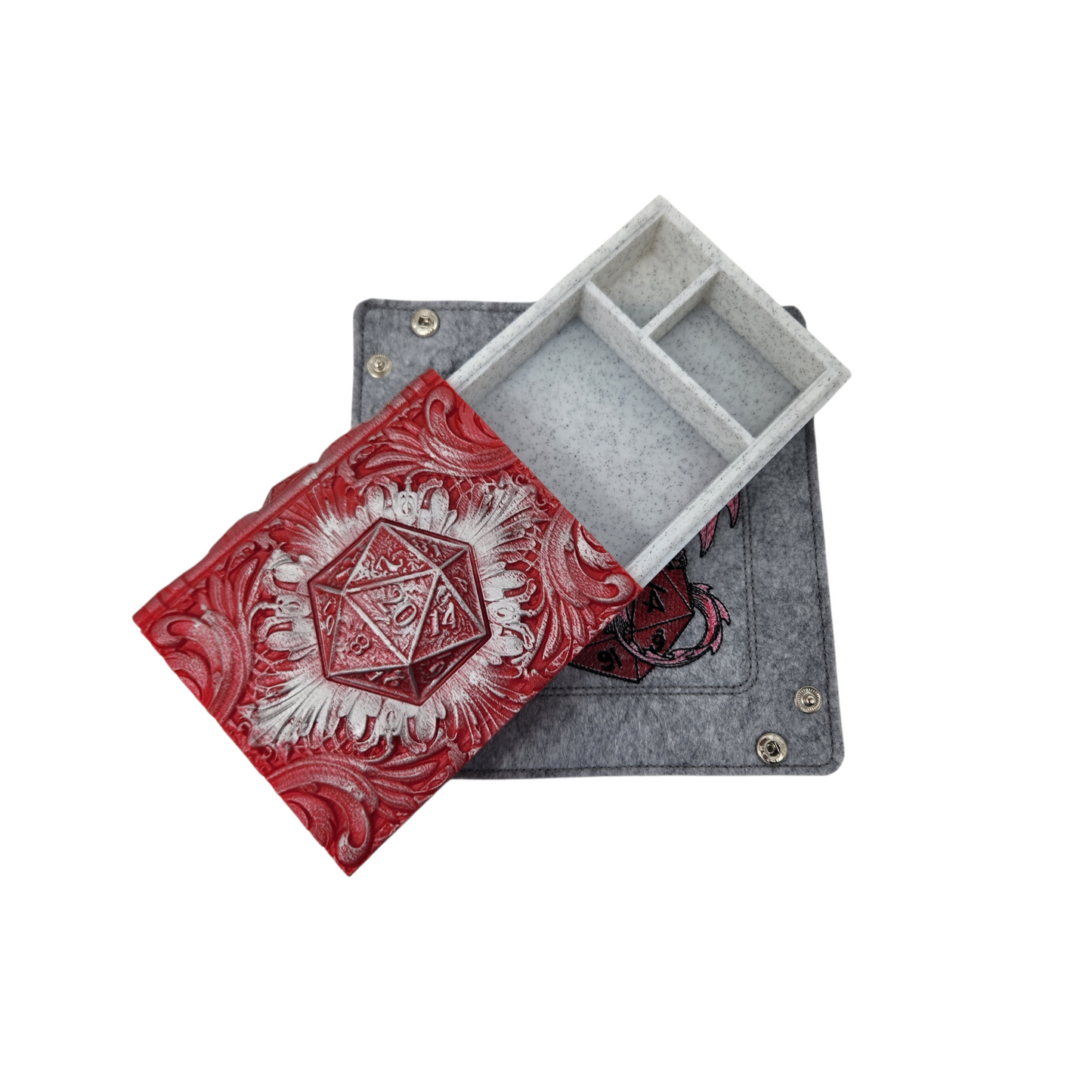 dragon and die dice tray and die 20 tome dice storage, TTRPG