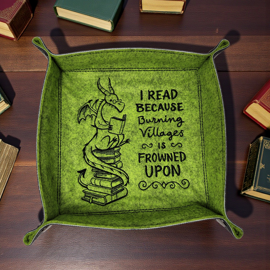dice tray, dragon and book, funny, game accessory