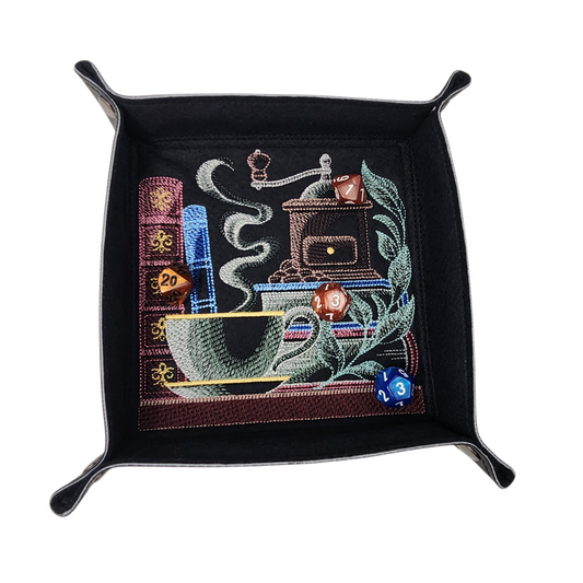 Large Embroidered dice tray with books and coffee design.